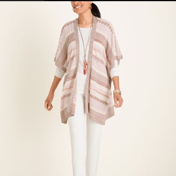 Chico’s Size Large/XL Pink Shimmer Shine Stripe Ruana Wrap Cardigan - Picture 1 of 11